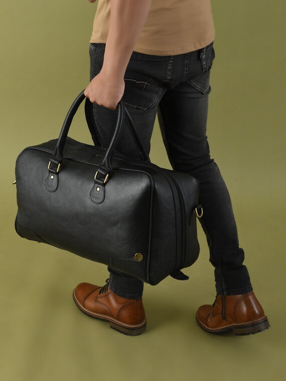 Valentines Gifts for Him Leather Duffle Bag Black Leather