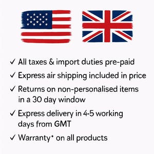 Text graphic listing shop benefits with American and British flag illustrations and bullet points detailing pre-paid taxes, express shipping, returns, and warranty.