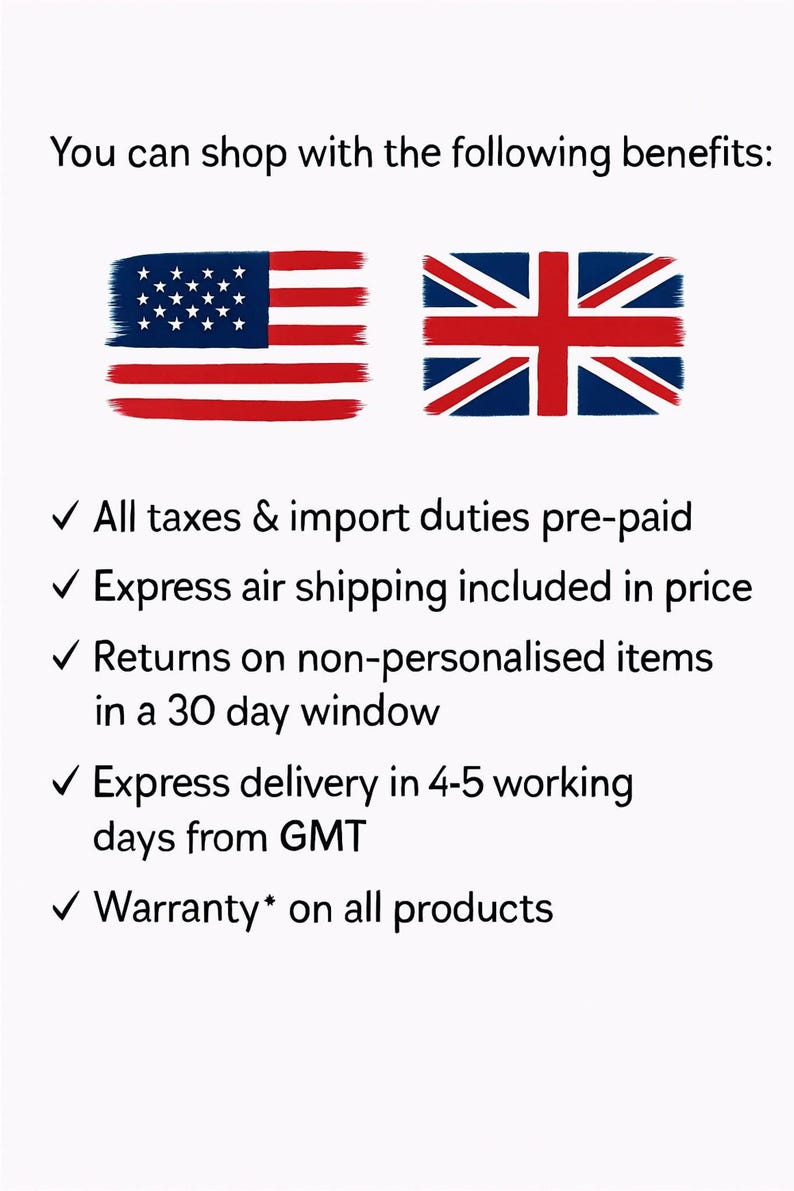 Text graphic listing shop benefits with American and British flag illustrations and bullet points detailing pre-paid taxes, express shipping, returns, and warranty.