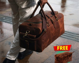 Personalised Handmade Full Grain Leather Duffle Bag Laser Engraved Weekend Holdall Overnight Carry-on Bag Leather Travel Gift Set For Him