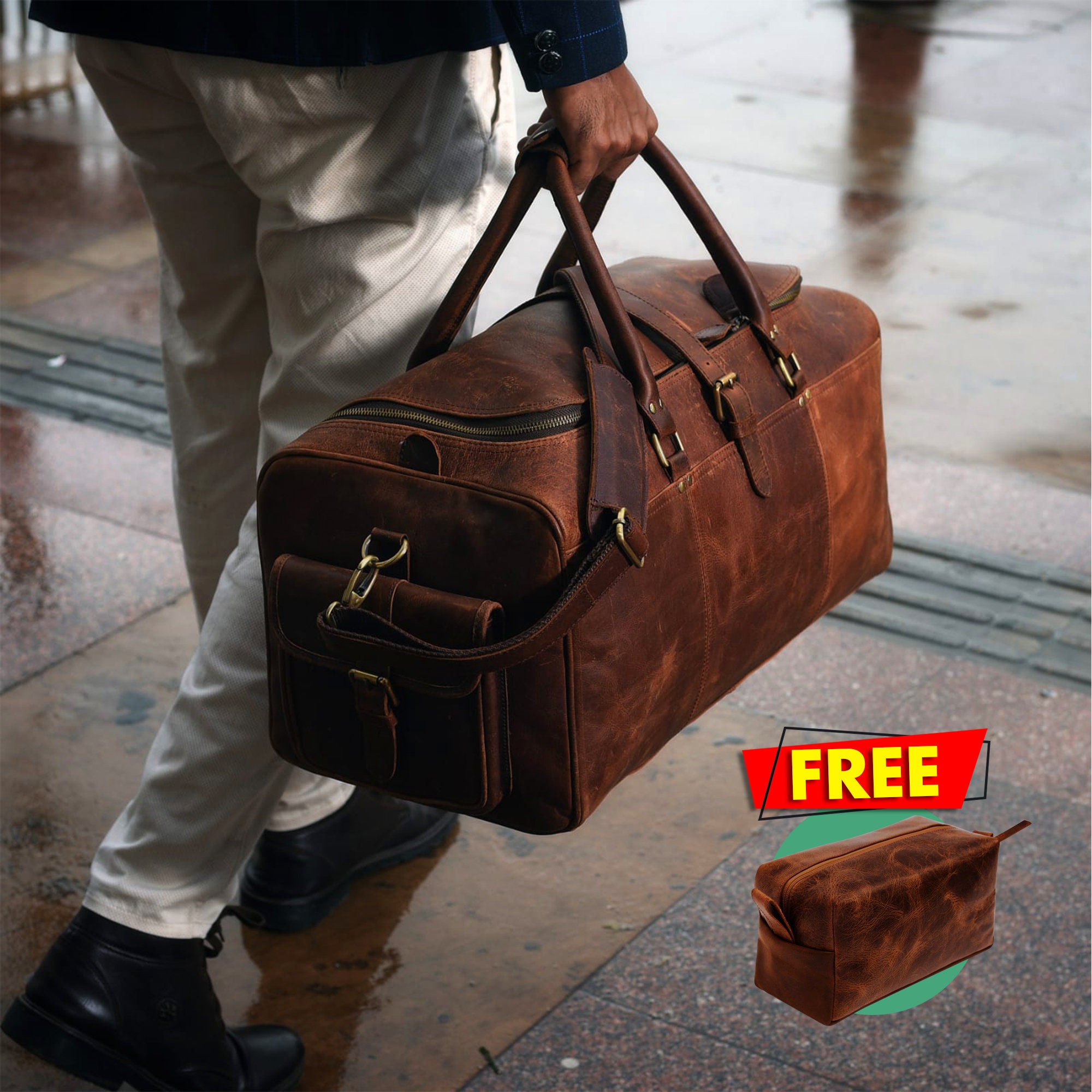 Personalised Handmade Full Grain Leather Duffle Bag Laser Engraved Weekend Holdall Overnight Carry-on Bag Leather Travel Gift Set For Him