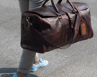 Personalised Full-Grain Leather Duffle Bag, Mens Handmade Weekender Travel Holdall, Custom Name Gift