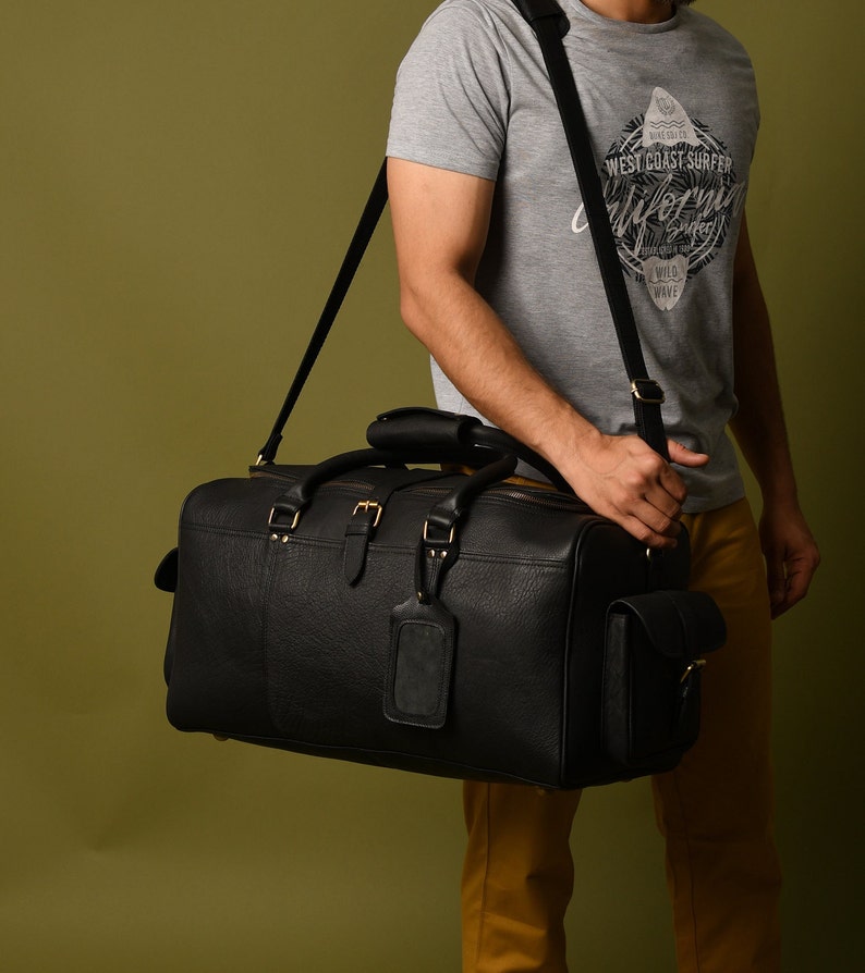 Handcrafted Black Leather Duffle Bag for Men|Premium Travel Weekender|Personalized Mens Travel Bag|Overnight Bag For Him|Father's Day Gift