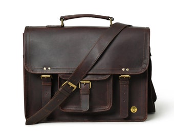 Handmade Gifts For Him|Monogrammed Buffalo Leather Messenger Cross-body Laptop Bag|Travel Handbag|Large Laptop Bag|Vintage Gift Bag For Dad