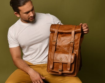 Personalized Gift|Leather Rolltop Backpack|Backpack For Men|Backpack For Her|Leather Bag|Rolltop Leather Rucksack|Gift For Him|Gift For Her