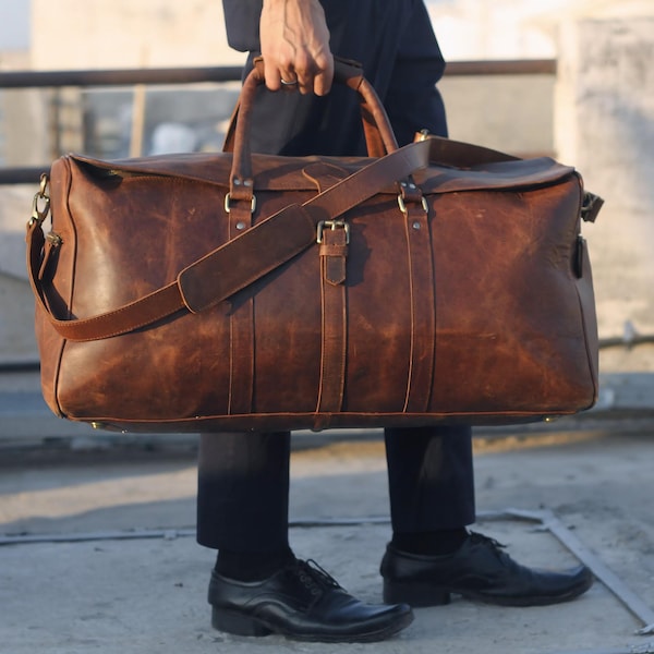Bolsa de viaje de piel plena flor para hombre, bolsa de fin de semana, regalos personalizados para él.