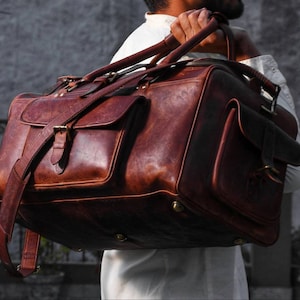 Vintage Leather Duffel Bag Brown|Leather Bag For Travelling|Handmade Leather Weekender Flight Bag|Personalized Valentine&#39;s Day Gifts For Him