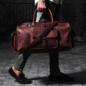 Personalised Genuine Leather Duffle Bag, Handmade TSA Approved Weekender Bag, Full-Grain Buffalo Leather Travel Bag, Engraved Gift For Him