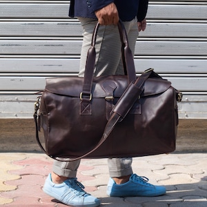 Personalised Full Grain Leather Weekender Bag: Carry-on Duffle, Custom Monogrammed Christmas Gift for Husband