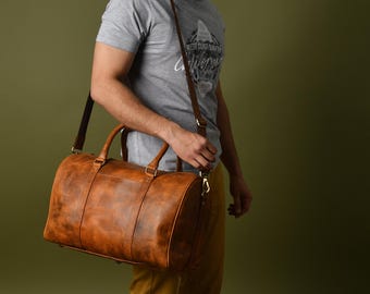 Handmade Buffalo Leather Duffel Bag for Men & Women- Small Weekender Gym Overnight Rustic Travel Holdall