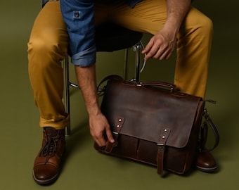Monogrammed Leather Messenger Bag|Personalized Gifts For Men|Leather Laptop Bag|Crossbody Bag Men|Travel Bag|Leather Satchel Bag For Husband