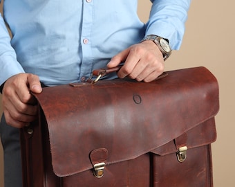 Vintage Leather Messenger Bag: Personalised Rustic Brown Laptop Briefcase