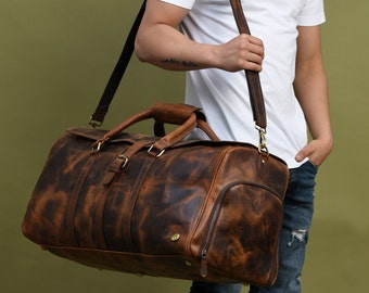 Personalised Leather Duffle Bag with Shoe Compartment – Men&#39;s Weekend Travel Carry-On Luggage | Ideal Leather Gift for Husband