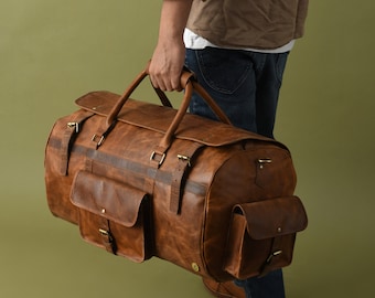 Bolsa de viaje personalizada de cuero de grano completo: bolsa de fin de semana retro hecha a mano.