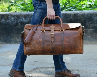 Handmade Brown Leather Duffle Bag|Stylish Leather Holdall For Men|Men's Travel Essential|Unique Gifts For Him Weekender Bag|Overnight Bag