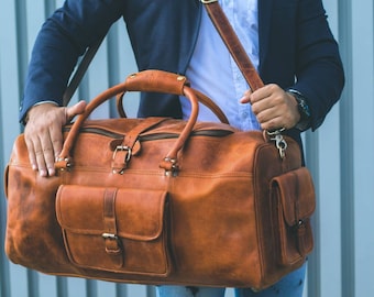 Bolsa de lona de cuero de grano completo, bolsa de viaje grande para fin de semana, equipaje vintage para hombre para pasar la noche en el gimnasio.
