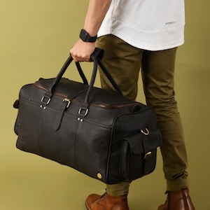 Personalized Mens Leather Duffle Bag, Handmade Dark Brown Leather Weekender Bag, Retro Leather Bag for Travel, Unique Leather Gifts For Him