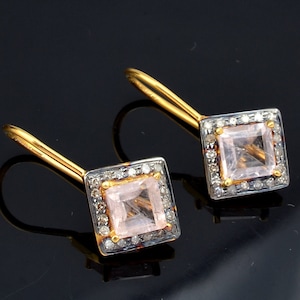 Natural Morganite Earring, Square Morganite Earring, Solitaire Diamond Earring, 925 Sterling Silver Earring, Handmade Earring, Gift for her