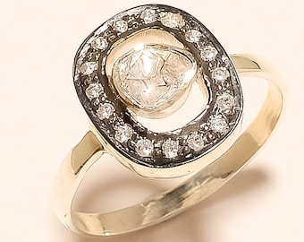 Ungeschnittener Diamant Verlobungsring, Diamant mit Rosenschliff, Polki Ring, 925 Sterling Silber, Verlobungsring