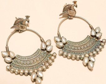 Mothers Special 92.5% Sterling SIlver Pearl Peacock  Handmade earring Gift for Her Push Back earring