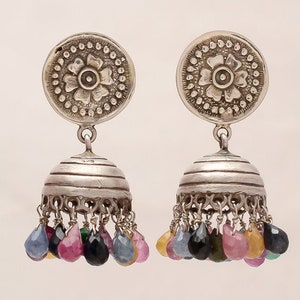 21.40 CTW Antique Earring, Multi - Sapphire Earring, Jhumka Earring, Pushback Earring, 925 Sterling Silver Earring, Unique Earring