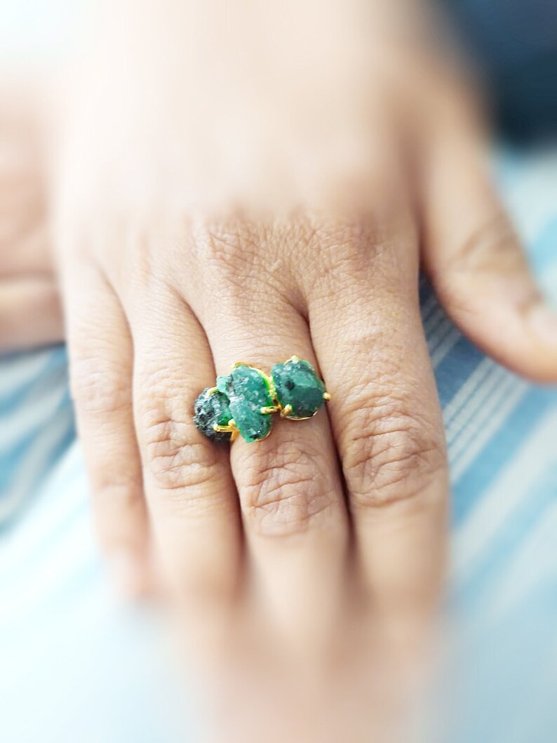 May Birthstone Ring Green Raw Emerald Ring Silver Stacking Ring Gemstone Ring Prong Set Ring Silver Ring Unshaped Emerald Ring