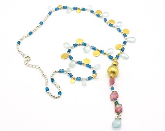 Natural Multi Gemstone Charms Necklace Tourmaline necklace apatite and Aquamarine Genuine necklace 92.5% Sterling Silver Anniversary Gift