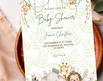 Invitación digital para baby shower con temática de safari