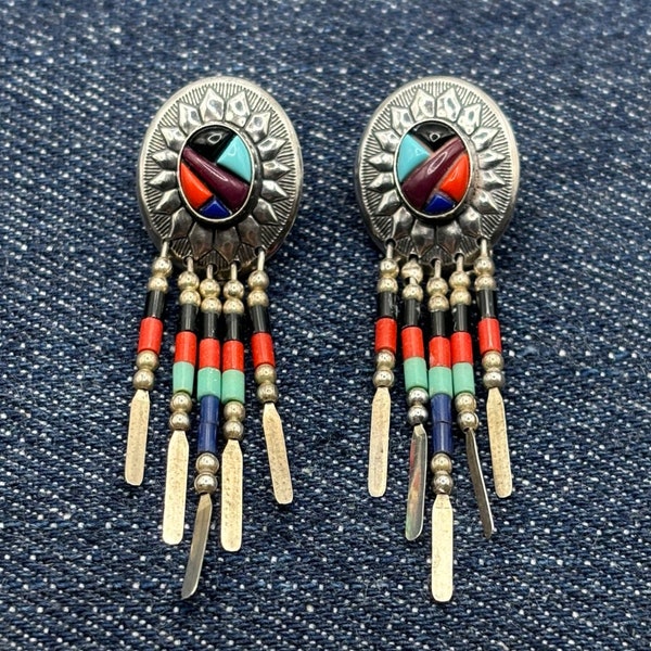 Native American Q.T. Multi Stone Silver Pierced Drop Earrings