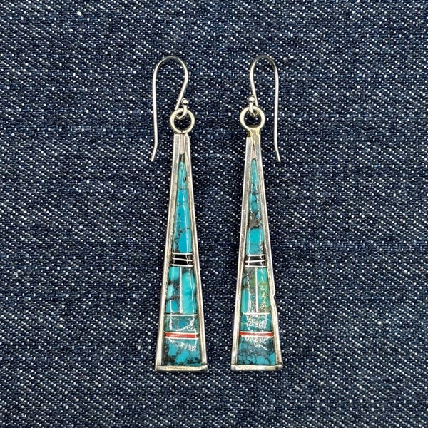 Vintage Zuni Turquoise Inlay Silver Pierced Dangle Earrings