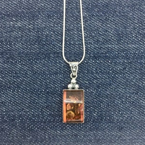 Vintage Amber Sterling Silver Pendant On Snake Chain 16&quot;