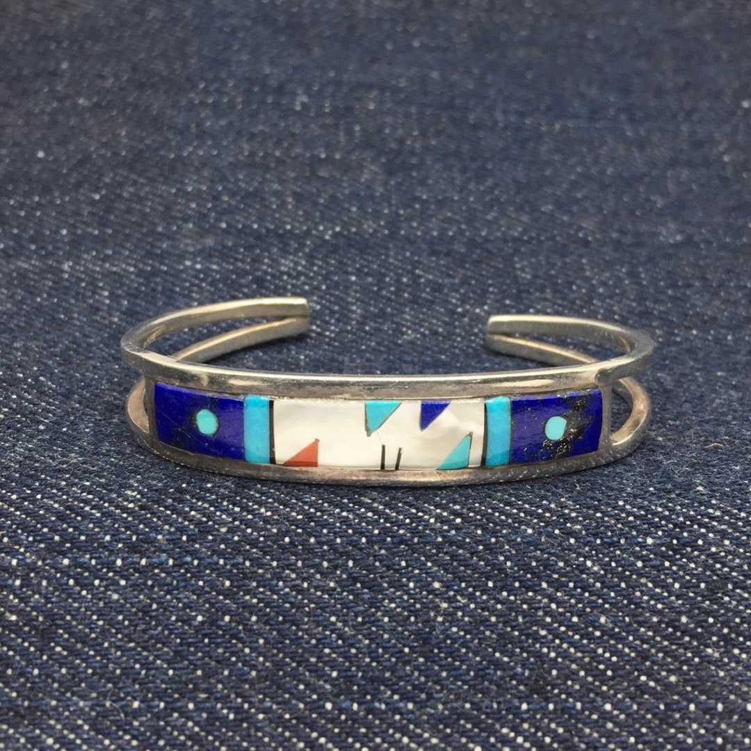 Vintage Zuni Lapis Turquoise Inlay Silver Cuf Bracelet Etsy
