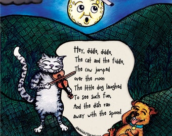 Hey Diddle Diddle Cat Fiddle Nursery Rhyme Nursery Art - Etsy
