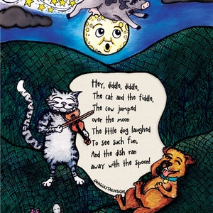 Arte de pared imprimible - Descarga digital - Hey Diddle Diddle Nursery Rhyme - Decoración para niños - Regalos para bebés - Archivos de arte A3 y A4