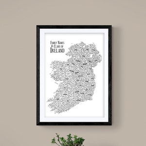 A3 geïllustreerde kaart van Ierland - Ierse achternamen en voorouders - kunst aan de muur - kunstafdruk - Ierse familiecadeau - Ierse prenten