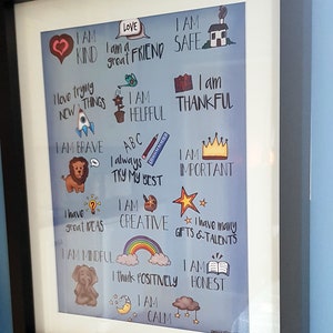 Póster de afirmaciones "Yo soy" para niños, tamaño A3, azul, decoración de habitaciones infantiles, afirmaciones positivas para niños, arte mural, salud mental y atención plena