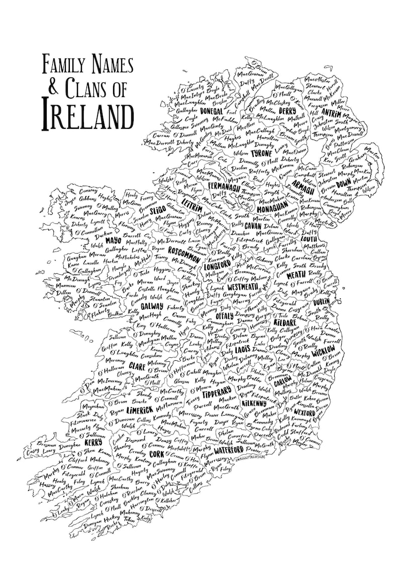 A3 Illustrated Map of Ireland Irish Surnames and Ancestry Wall Art Art