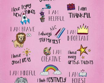 A3 kinderposter I Am-affirmaties - roze - kinderkamerdecoratie - positieve affirmaties voor kinderen - kunst aan de muur - geestelijke gezondheid en mindfulness