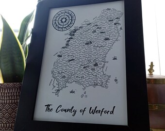 A4 Vintage geïllustreerde kaart van Wexford - Kaart van Ierland - Wexford - Enniscorthy - Gorey - Bunclody - Ierse muurkunst - Ierse familiecadeau