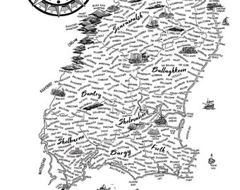 A3 Vintage Illustrated Map of Wexford - Map of Ireland - Wexford - Enniscorthy - Gorey - Bunclody - Irish Wall Art - Irish Family Gift