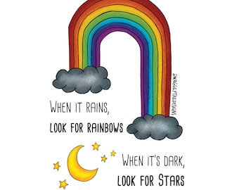 A4 Art Prints - Positive Quote - "When it rains, look for rainbows" - Wall Art - Kids Decor - Mindfulness - Rainbow - Positivity - Kids