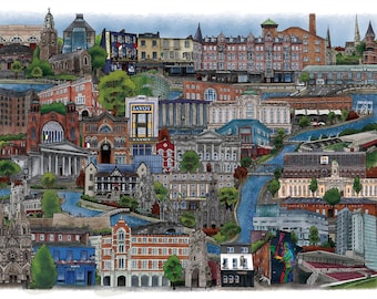 May include: A colorful illustration of a city skyline with various buildings, including churches, shops, and apartment buildings. The buildings are drawn in a cartoon style with a variety of colors and textures. The illustration is set against a blue sky with white clouds.