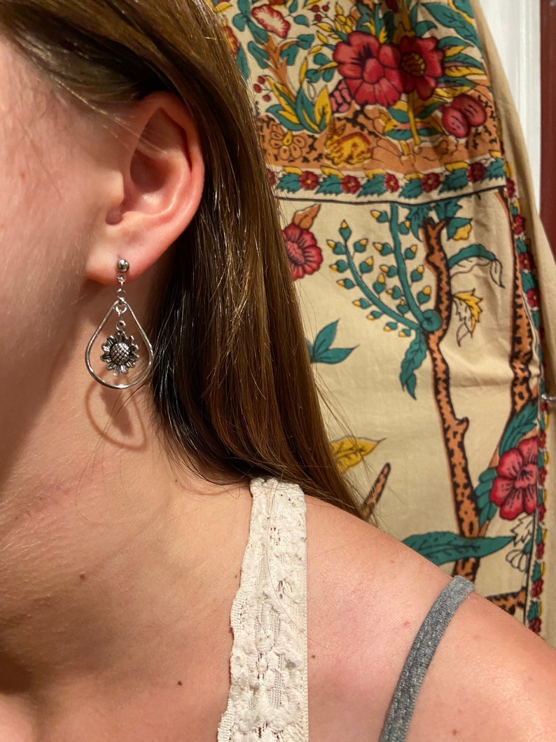 Silver Sunflower Dangle Earrings
