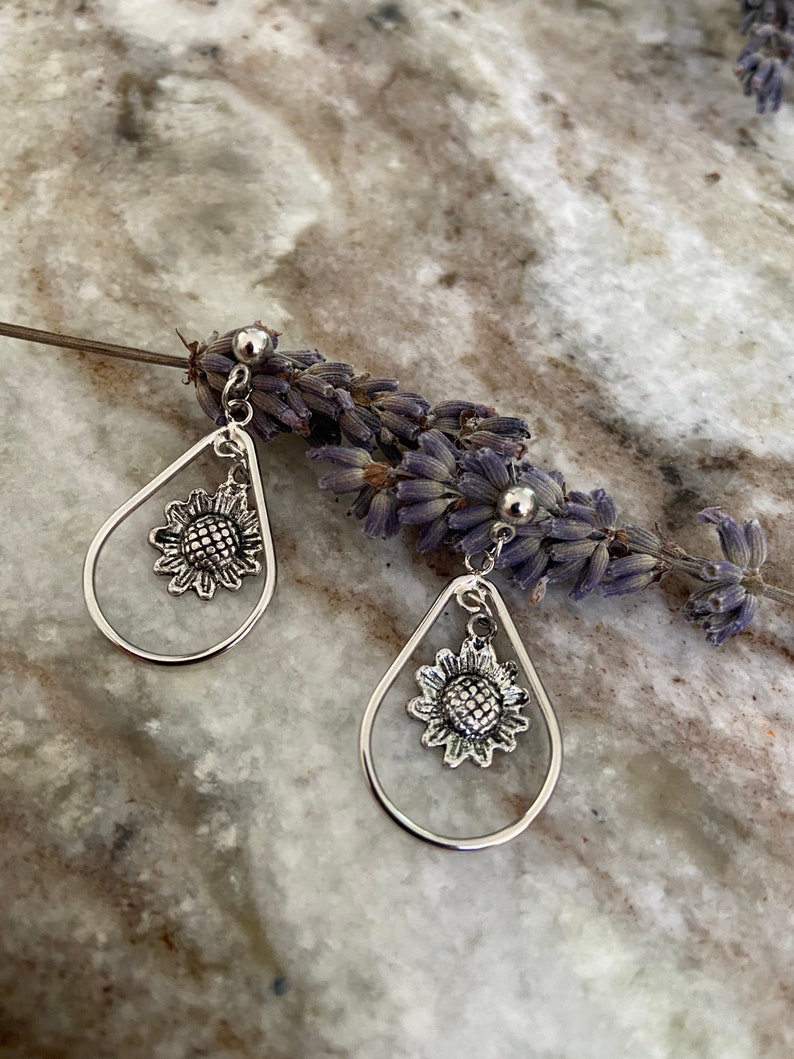 Silver Sunflower Dangle Earrings