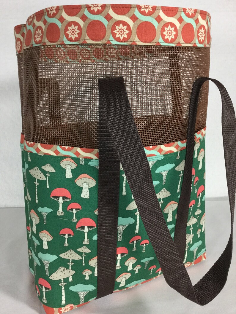 multi-functional handmade craft grocery market foraging tote bag Mushroom print