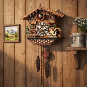May include: A wooden cuckoo clock with a detailed, carved design. The clock features a round face with Roman numerals, decorative figurines, and hanging pinecone weights. A small framed landscape painting hangs to the left.