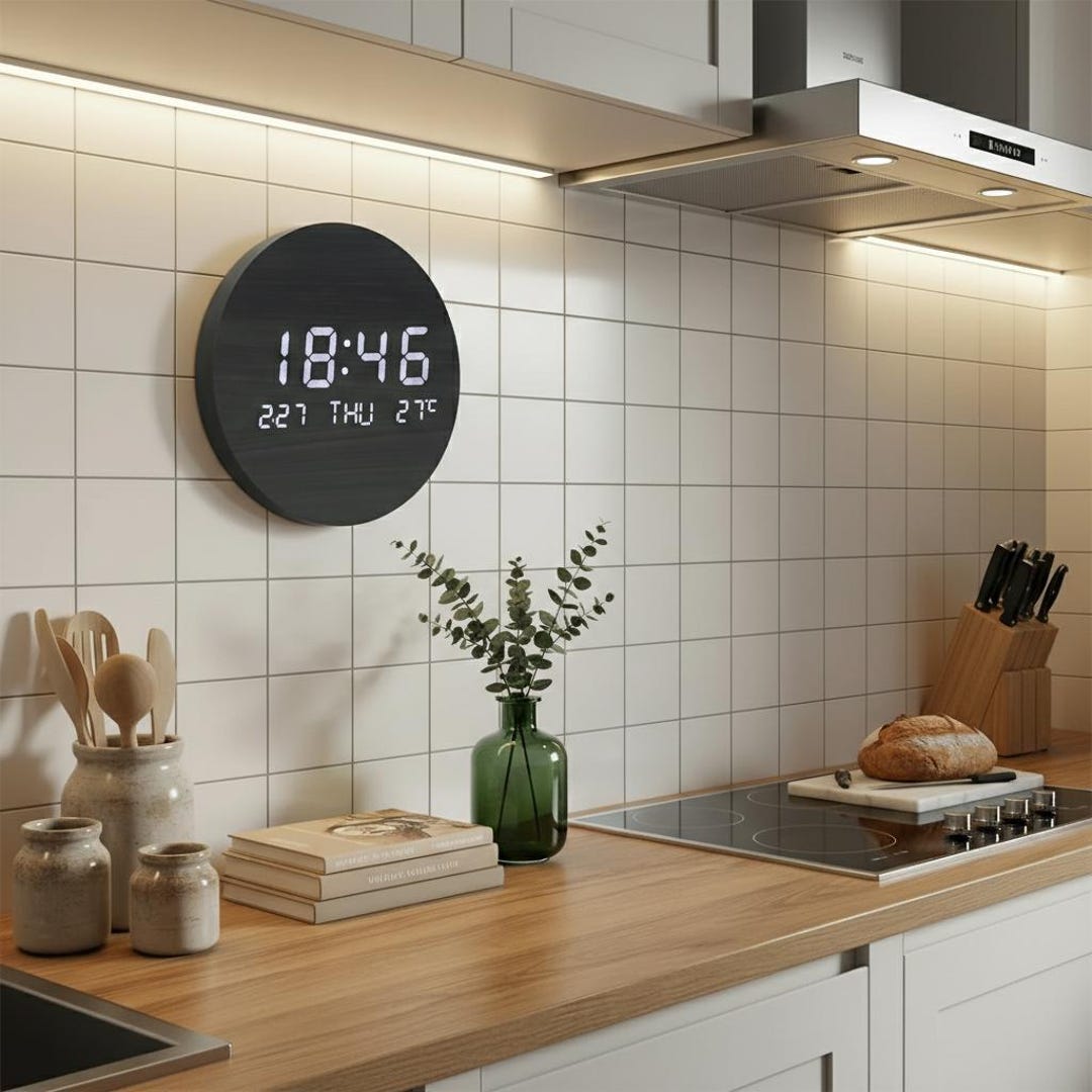 Minimalist Cream Wood LED Wall Clock - Modern Digital Round Display ...