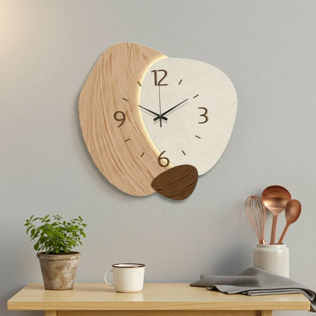 Modern Organic Wall Clock – Silent Minimalist Wooden Effect Sculpture ...
