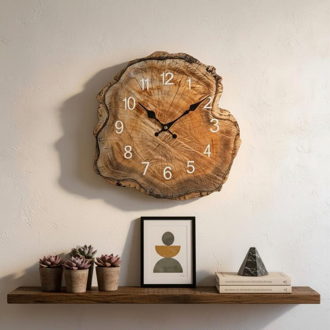 Silent Tree Ring Wall Clock, 12-inch, Modern Rustic Wood Effect Design ...