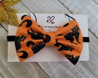 Halloween Black Cat Hair Bow with Black Color Skinny Nylon Headband, Girl Bow, Baby Bow, Toddler Bow, Measures Approximately 4"Lx2-3/4"H
